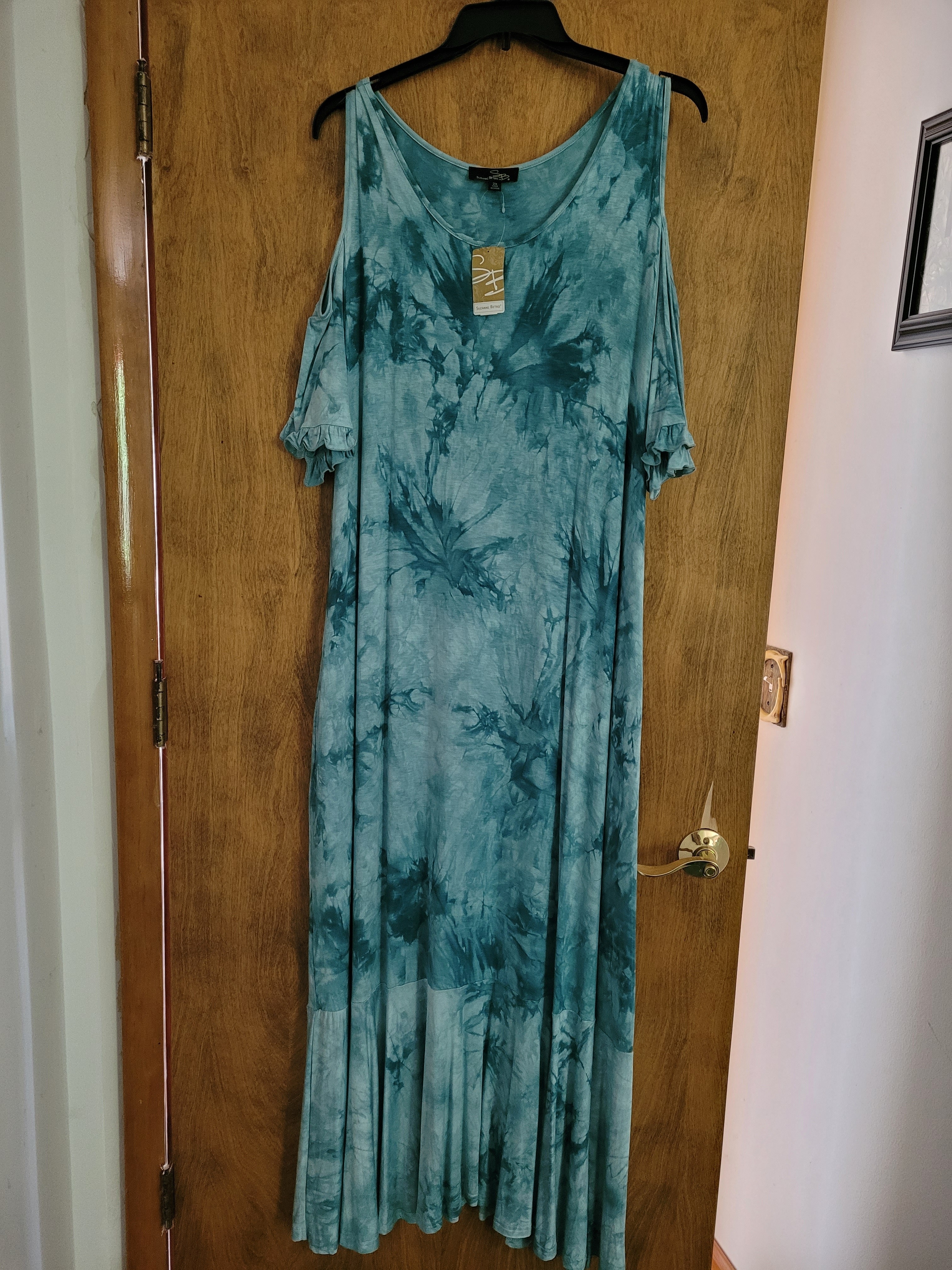 Suzanne Betro Teal Tie-Dye Cold-Shoulder Maxi Dress
